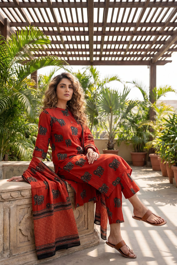 Crimson Herd Luxe Elephant Cotton Dupatta Set