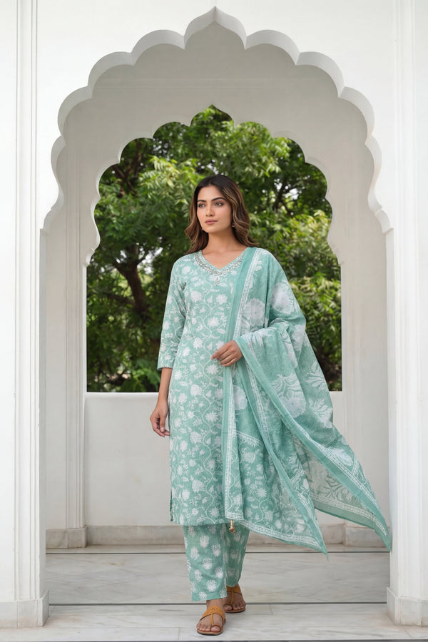 Teal Rose Drift Floral Cotton Dupatta Set