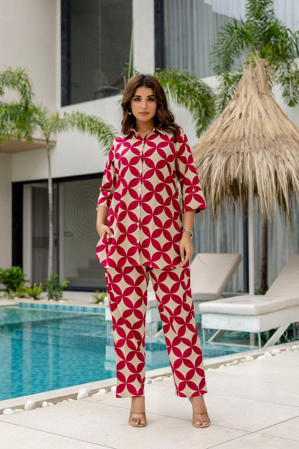 Crimson Bloom Maroon Cotton Co-ord Set