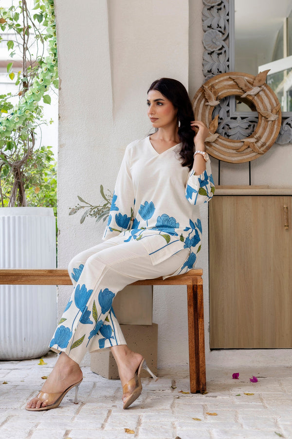 Bluebell Charm Off-White Cotton Flex  Printed Co-ord Set