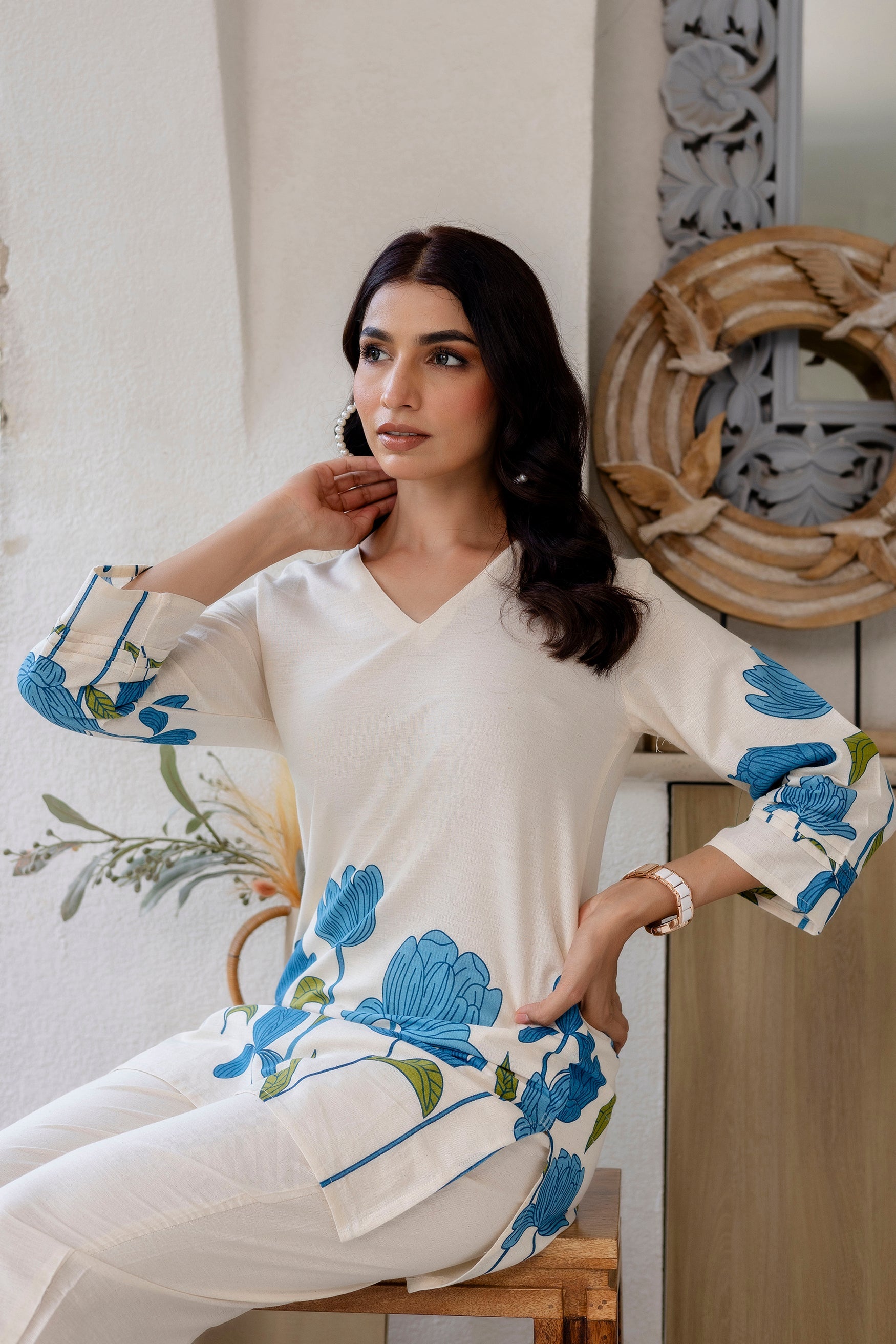 Bluebell Charm Off-White Cotton Flex  Printed Co-ord Set Me & My 