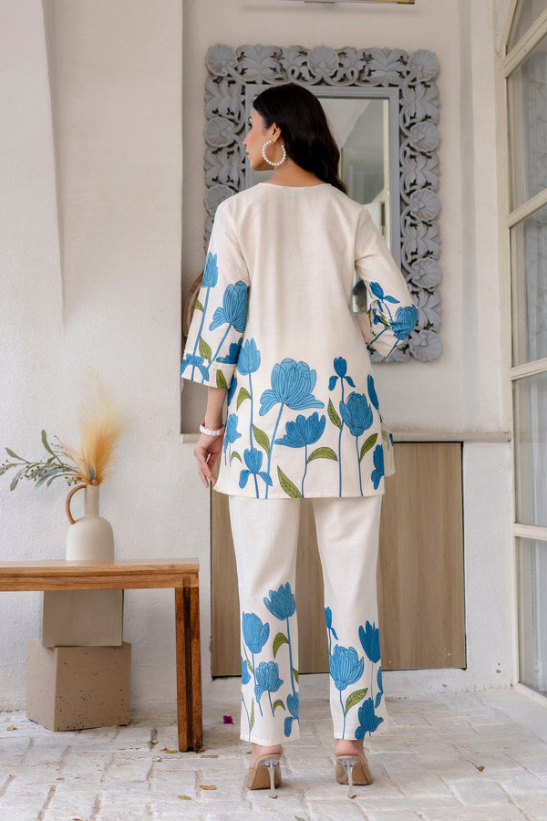 Bluebell Charm Off-White Cotton Flex  Printed Co-ord Set