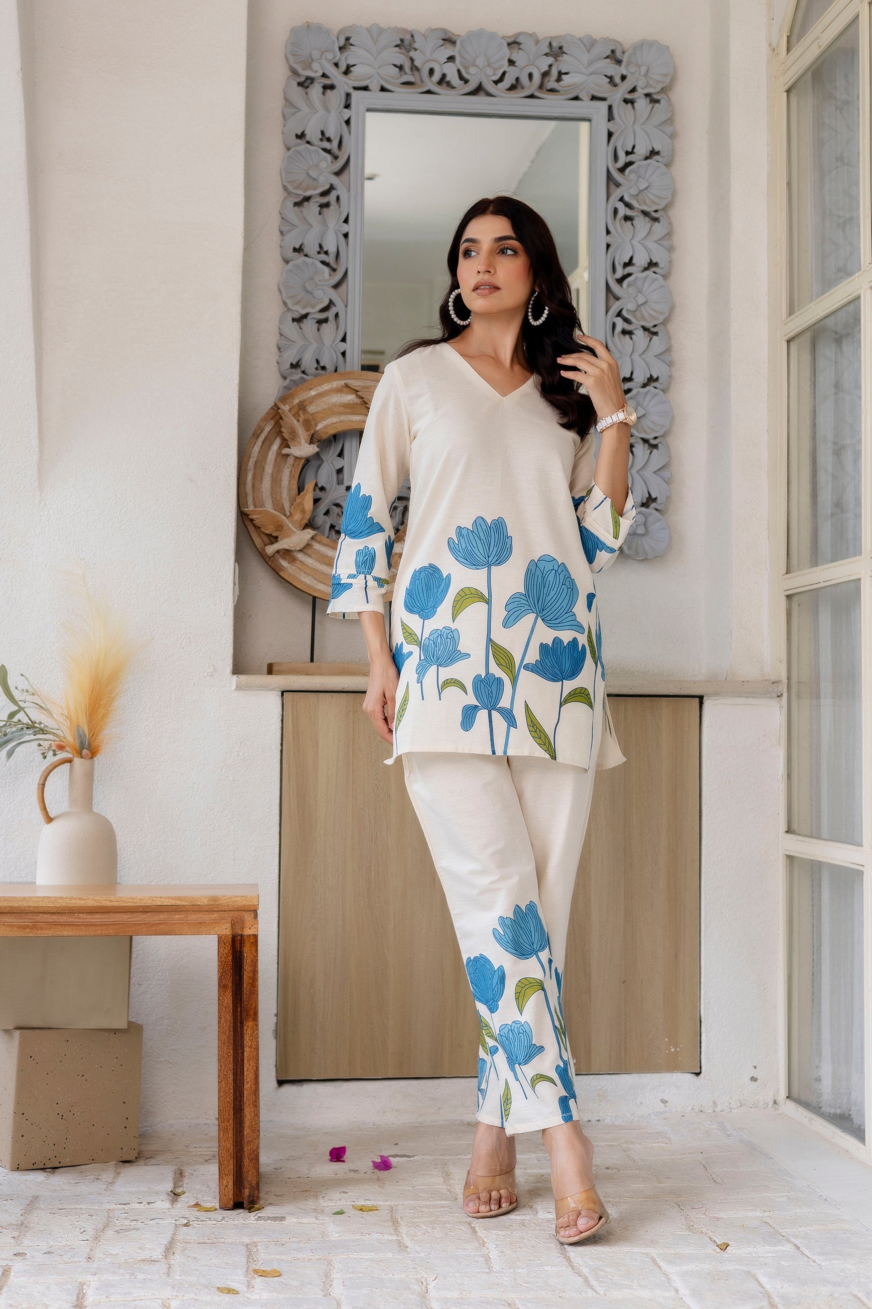 Bluebell Charm Off-White Cotton Flex  Printed Co-ord Set Me & My 