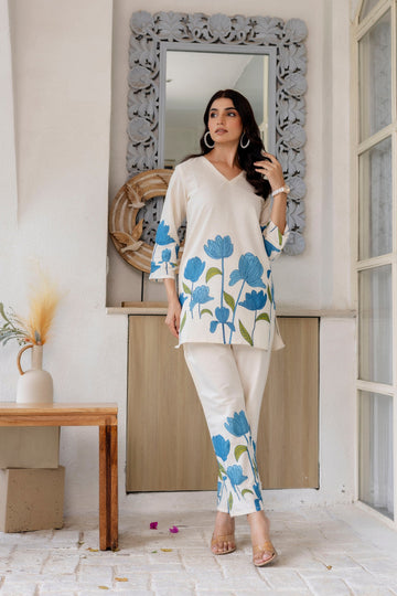Bluebell Charm Off-White Cotton Flex  Printed Co-ord Set