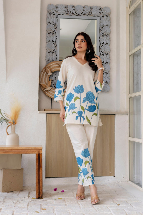Bluebell Charm Off-White Cotton Flex  Printed Co-ord Set