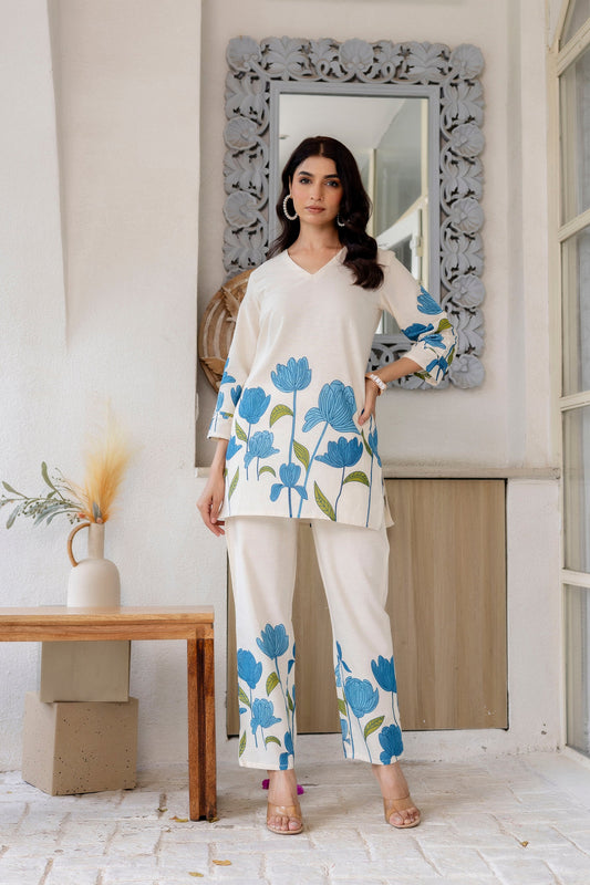 Bluebell Charm Off-White Cotton Flex  Printed Co-ord Set - Me&My