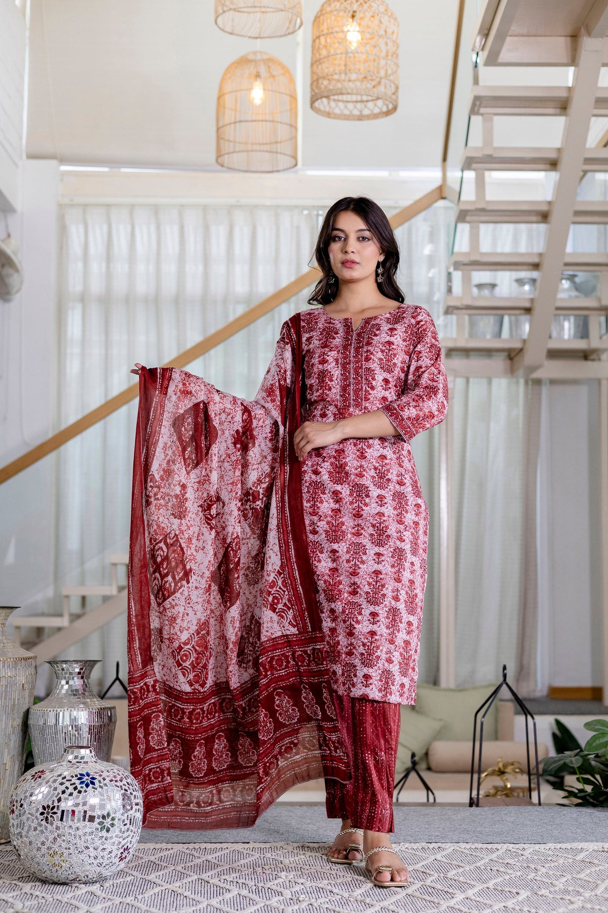Cherrystone Red Cotton Dupatta Set from Me&My