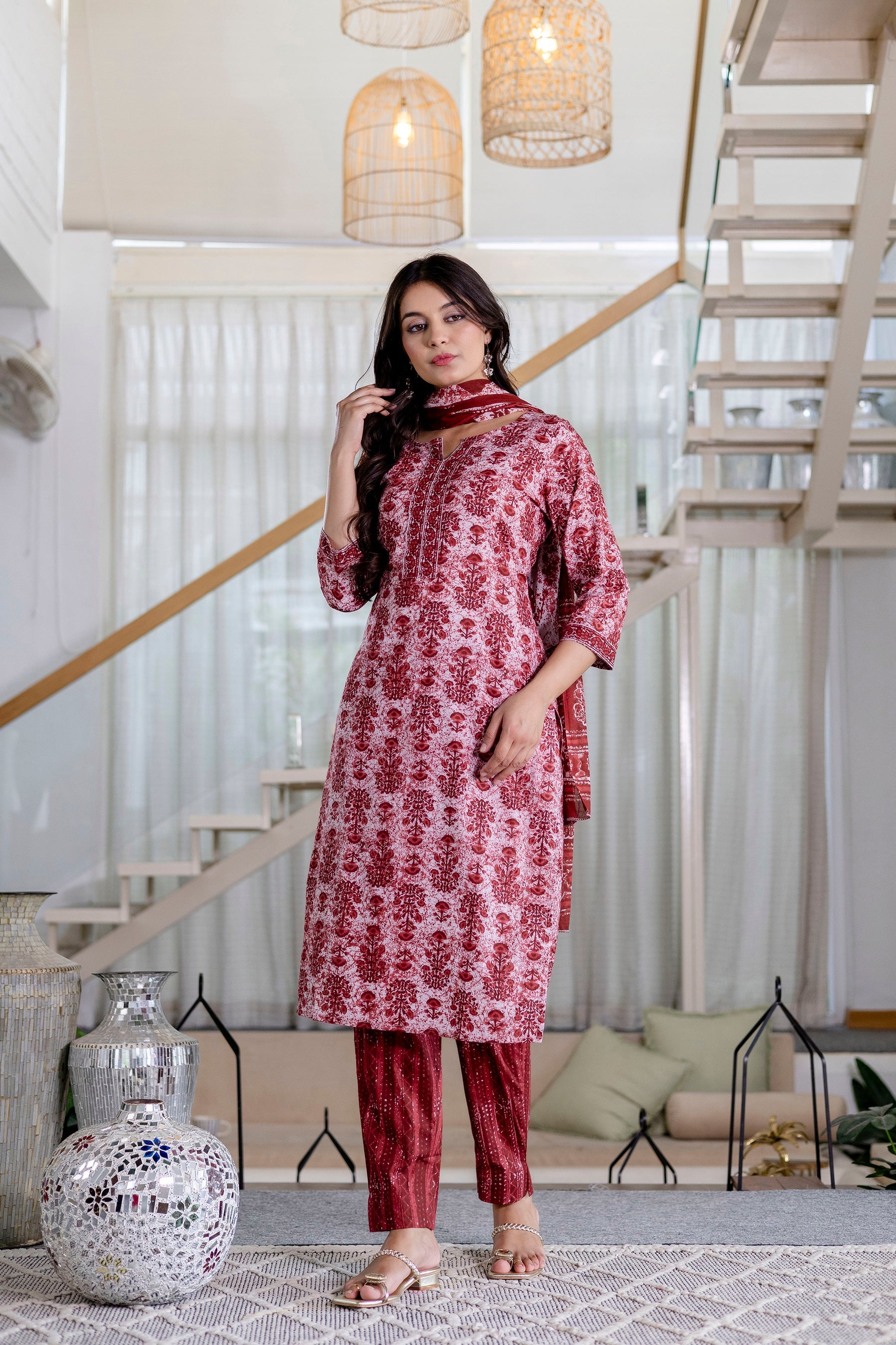 Cherrystone Red Cotton Dupatta Set from Me&My