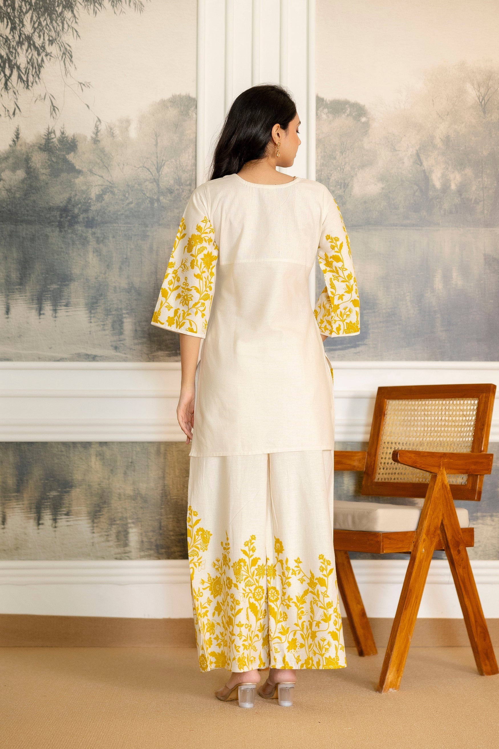 Cloudgold Off-White & Mustard Botanical Cotton Flex Co-ord Set from Me&My