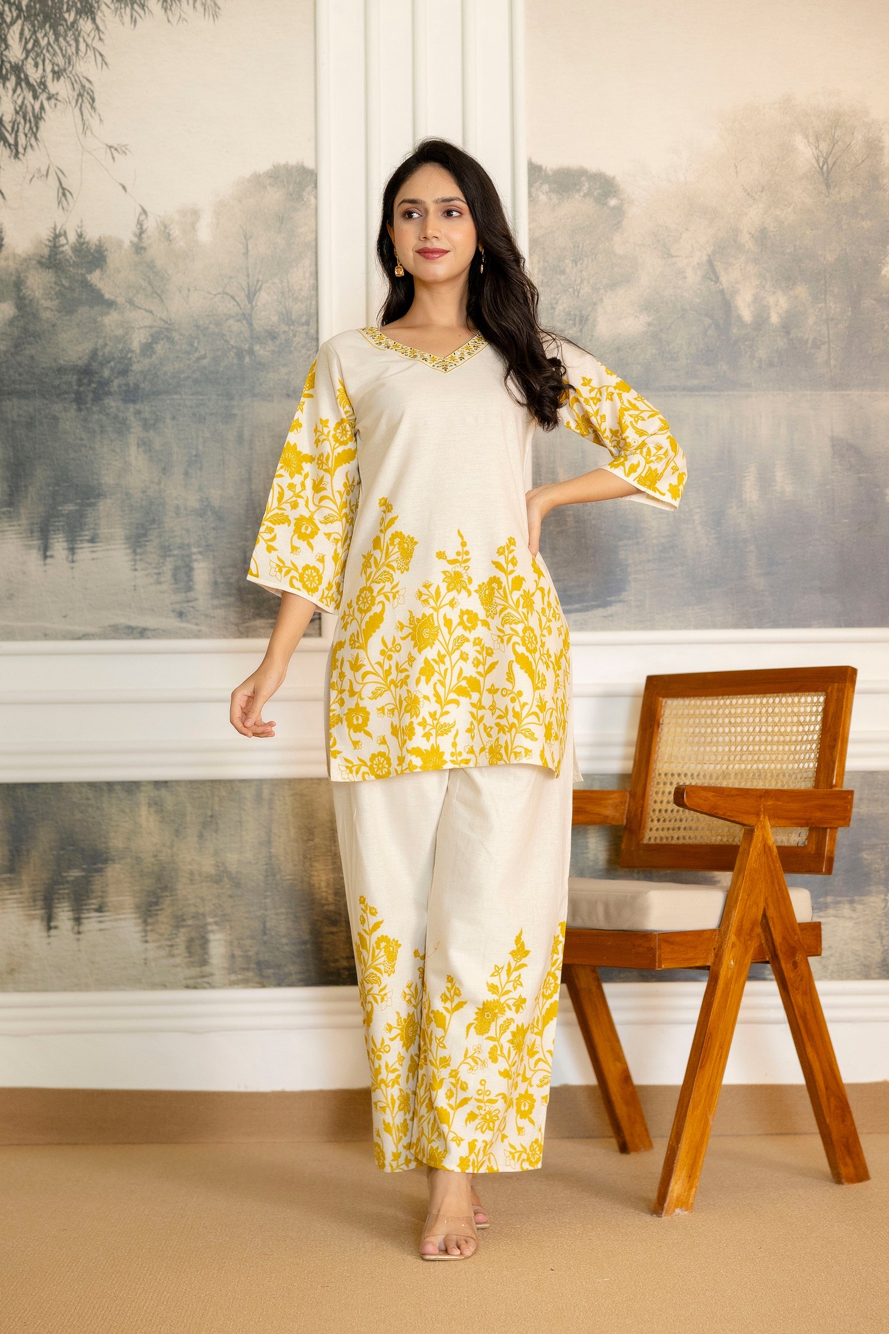 Cloudgold Off-White & Mustard Botanical Cotton Flex Co-ord Set from Me&My