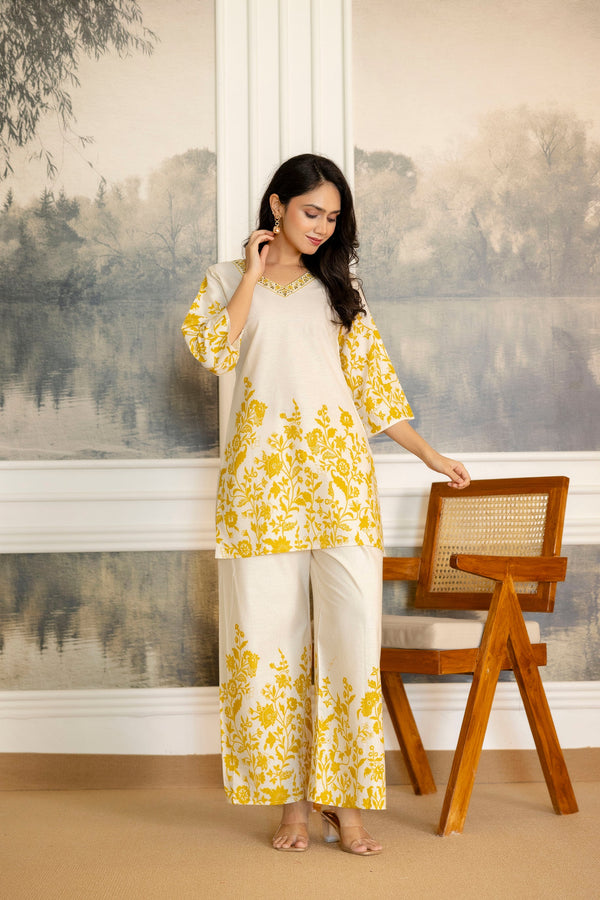 Cloudgold Off-White & Mustard Botanical Cotton Flex Co-ord Set