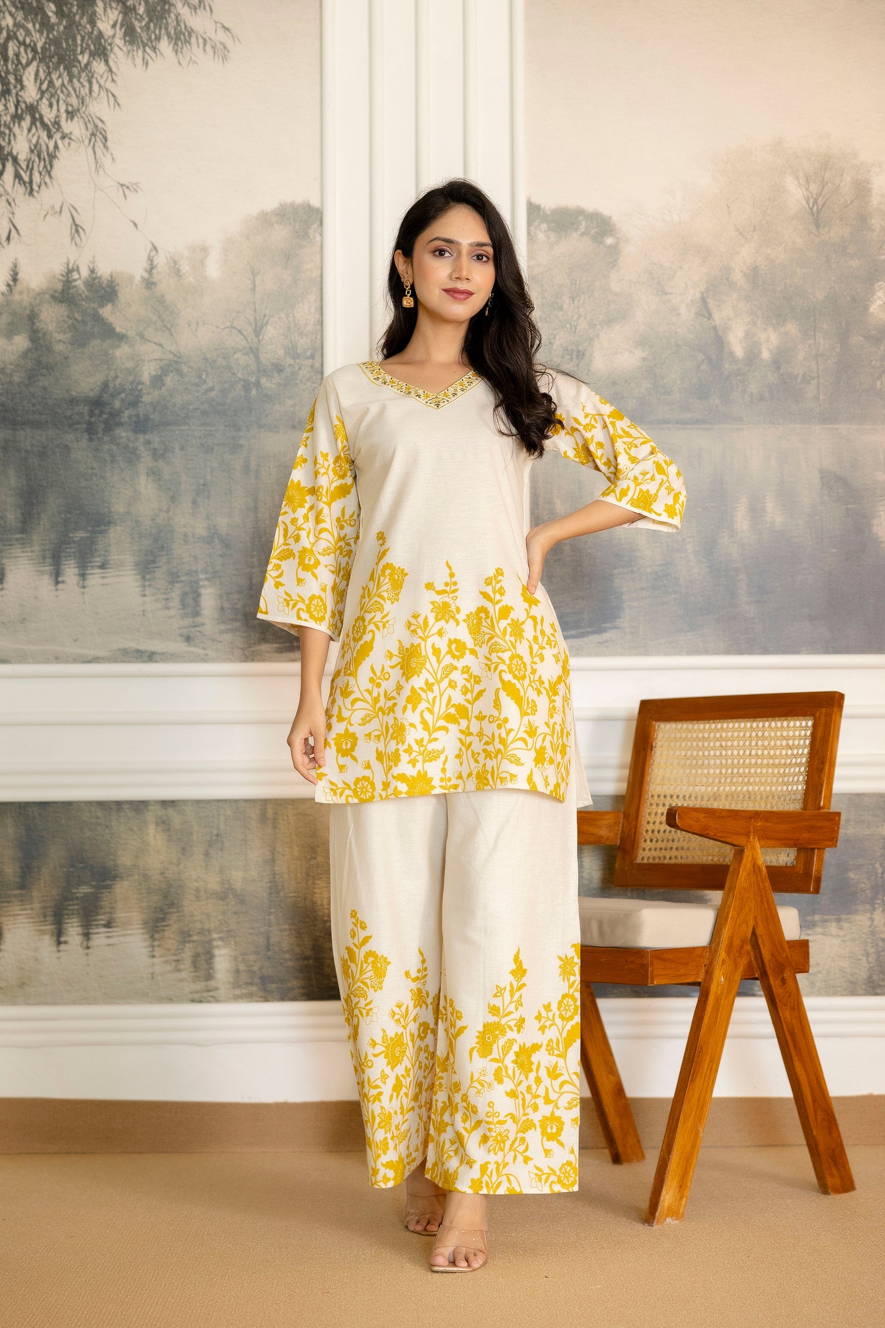 Cloudgold Off-White & Mustard Botanical Cotton Flex Co-ord Set from Me&My