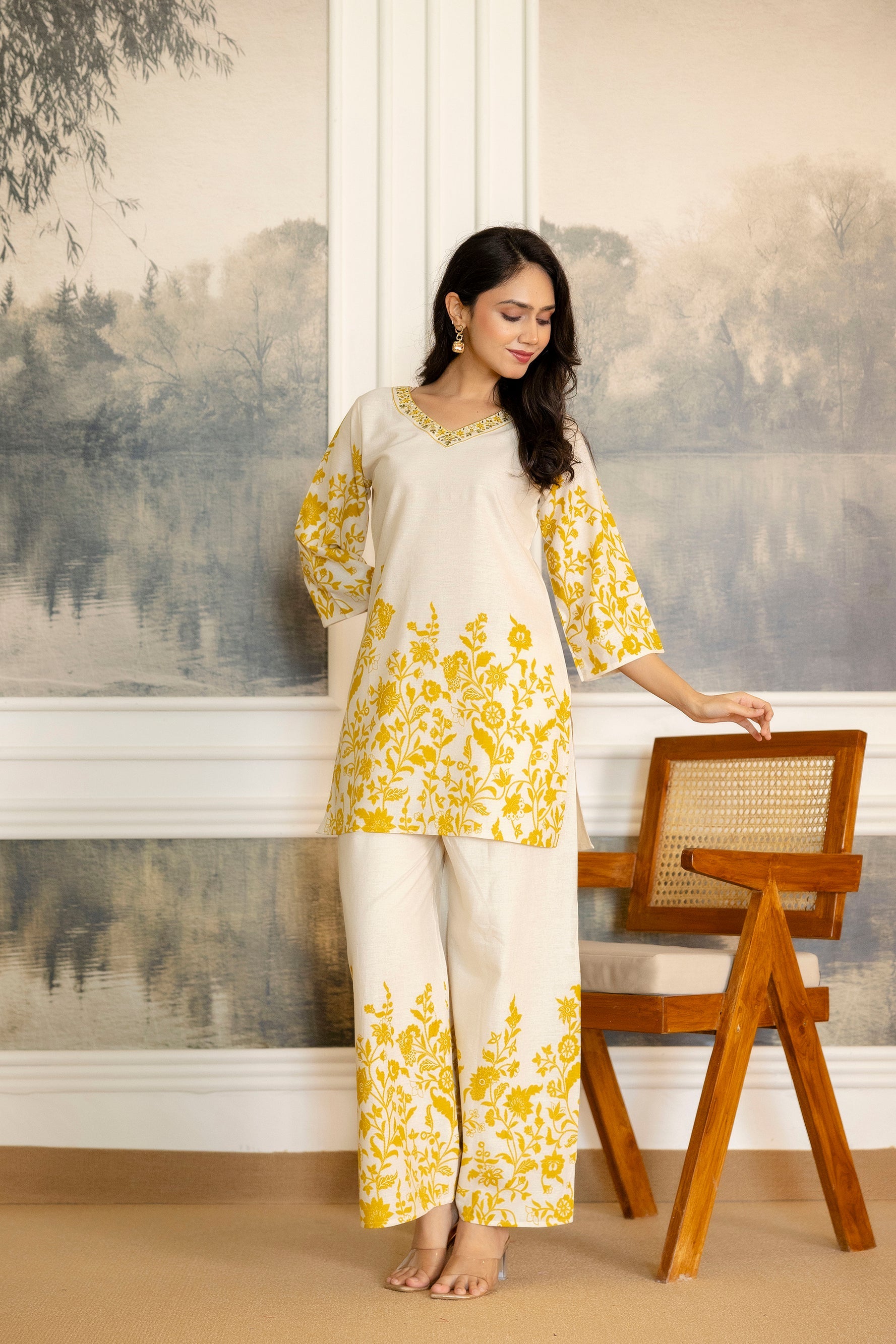 Cloudgold Off-White & Mustard Botanical Cotton Flex Co-ord Set from Me&My