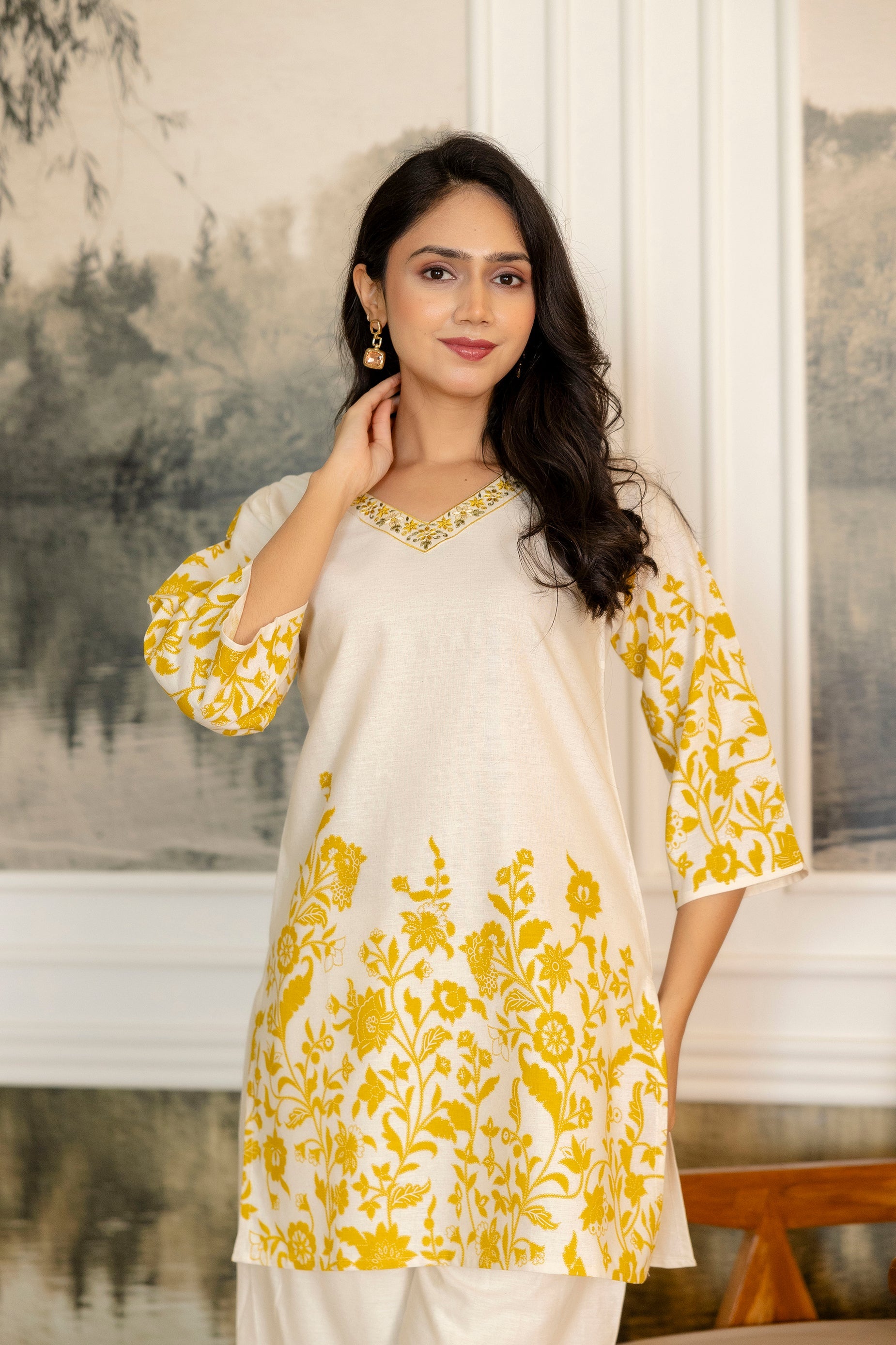 Cloudgold Off-White & Mustard Botanical Cotton Flex Co-ord Set from Me&My