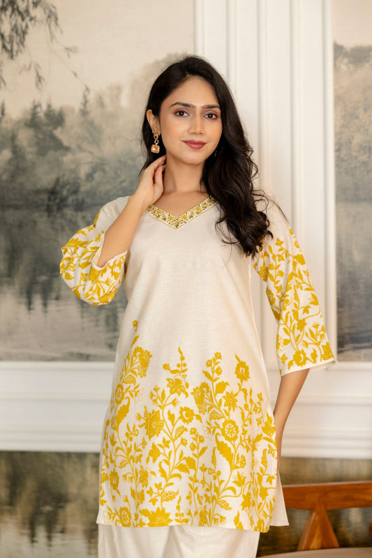 Cloudgold Off-White & Mustard Botanical Cotton Flex Co-ord Set - Me&My