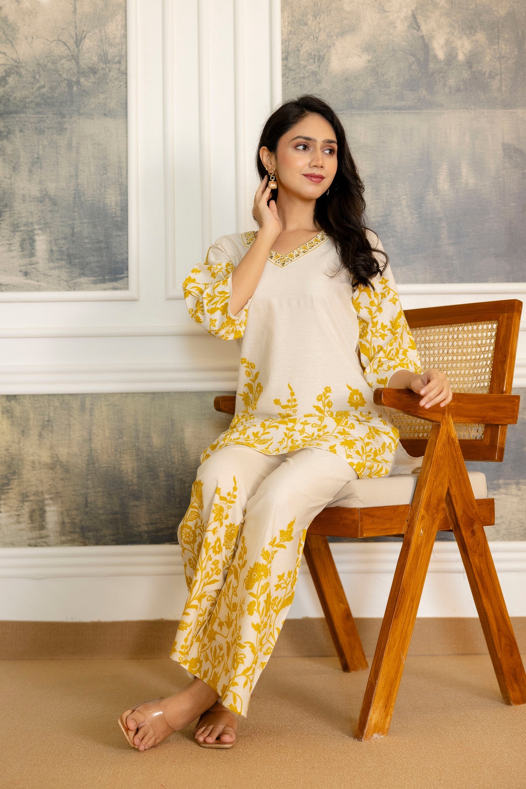 Cloudgold Off-White & Mustard Botanical Cotton Flex Co-ord Set from Me&My