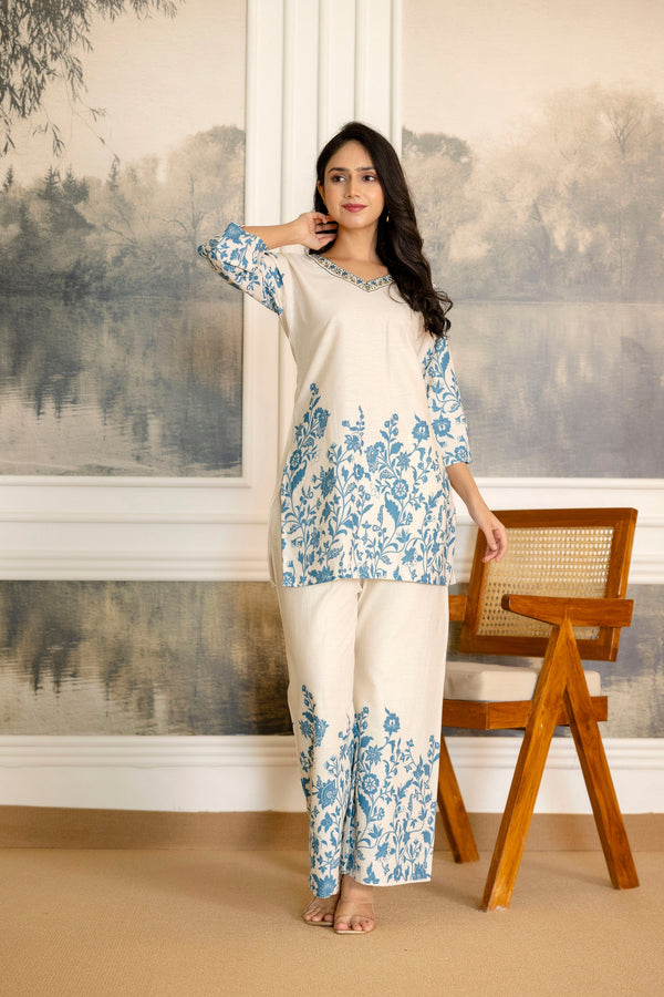 Ivoryfern Off-White & Green Botanical Cotton Flex Co-ord Set