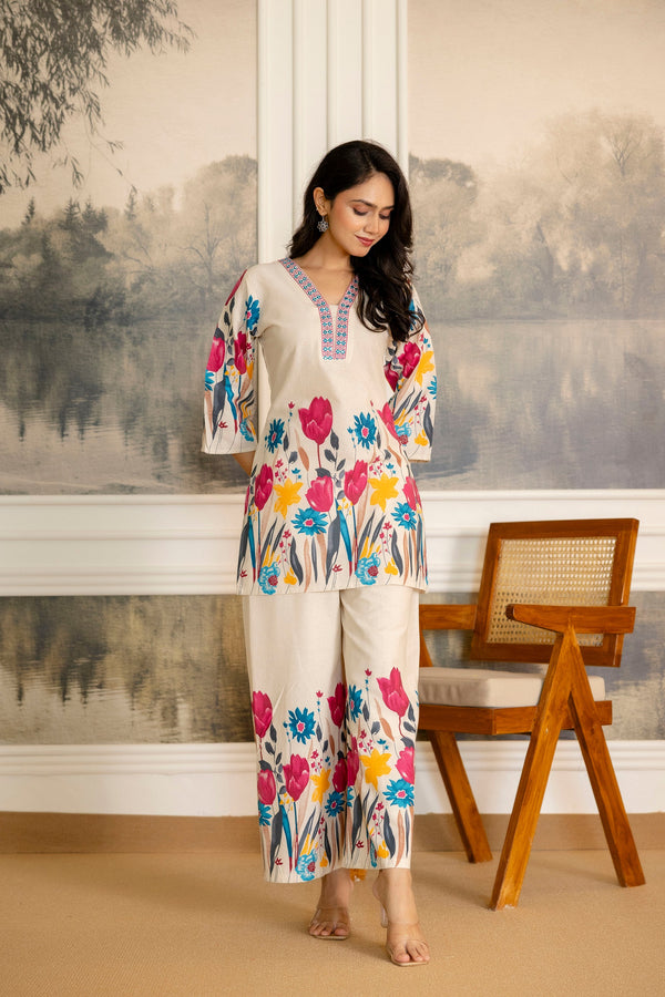Linenleaf Off-White & Sage Botanical Cotton Flex Co-ord Set