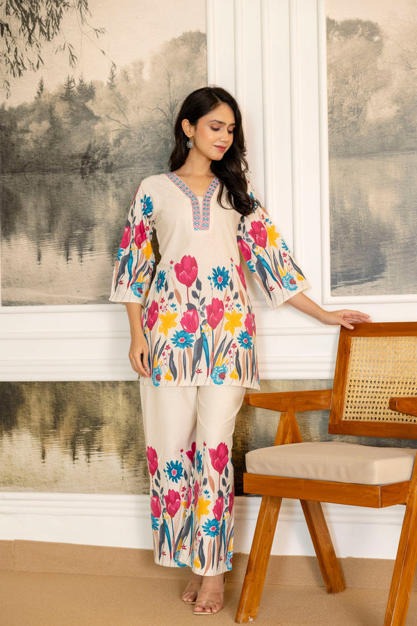 Linenleaf Off-White & Sage Botanical Cotton Flex Co-ord Set