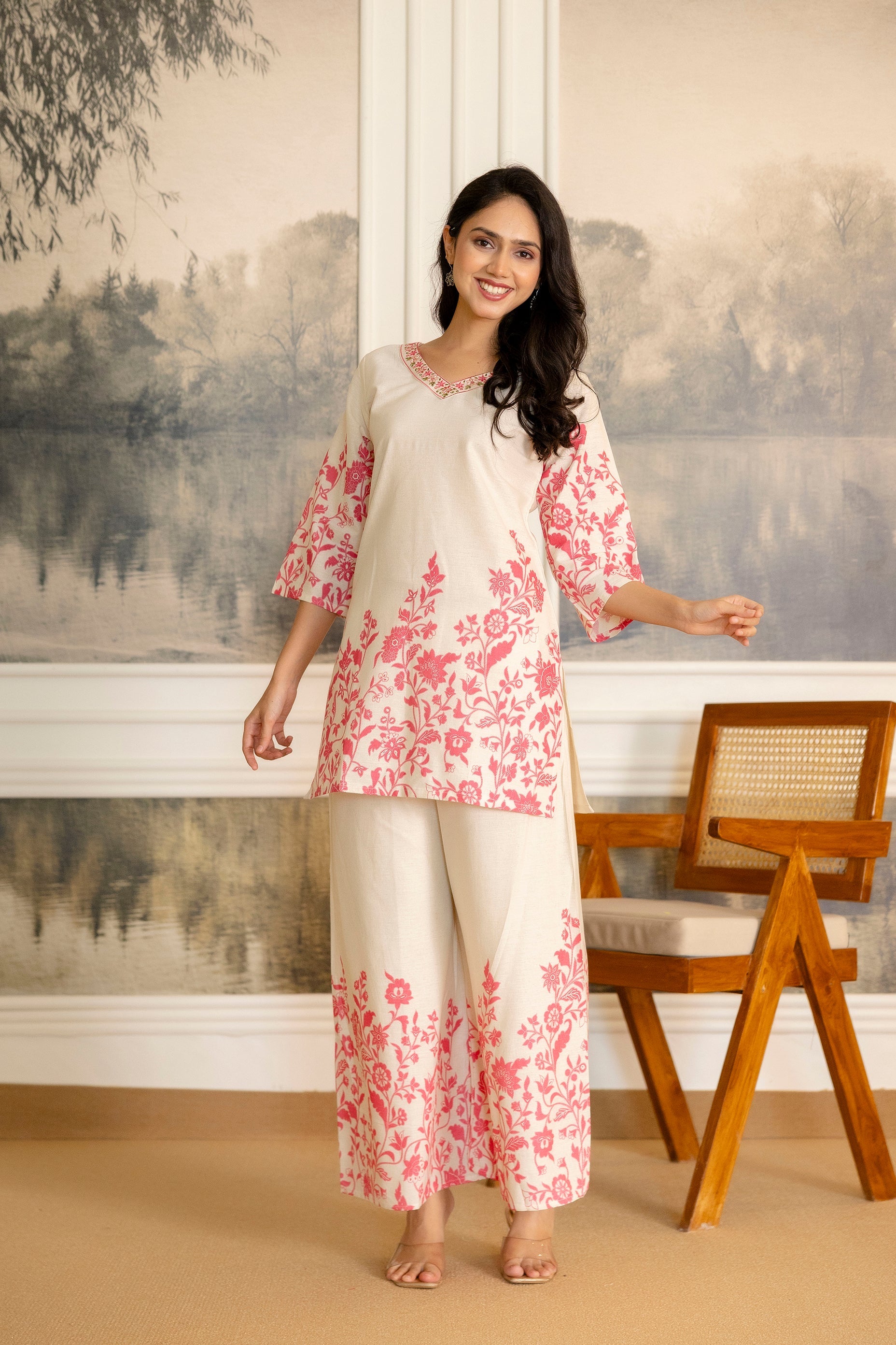 Snowpetal Off-White & Blush Floral Cotton Flex Co-ord Set from Me&My