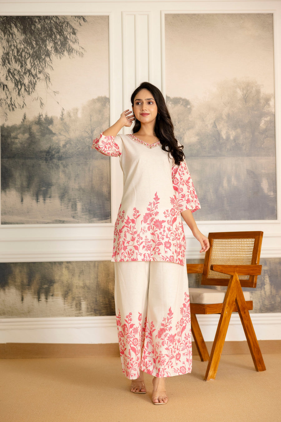 Snowpetal Off-White & Blush Floral Cotton Flex Co-ord Set — image 3