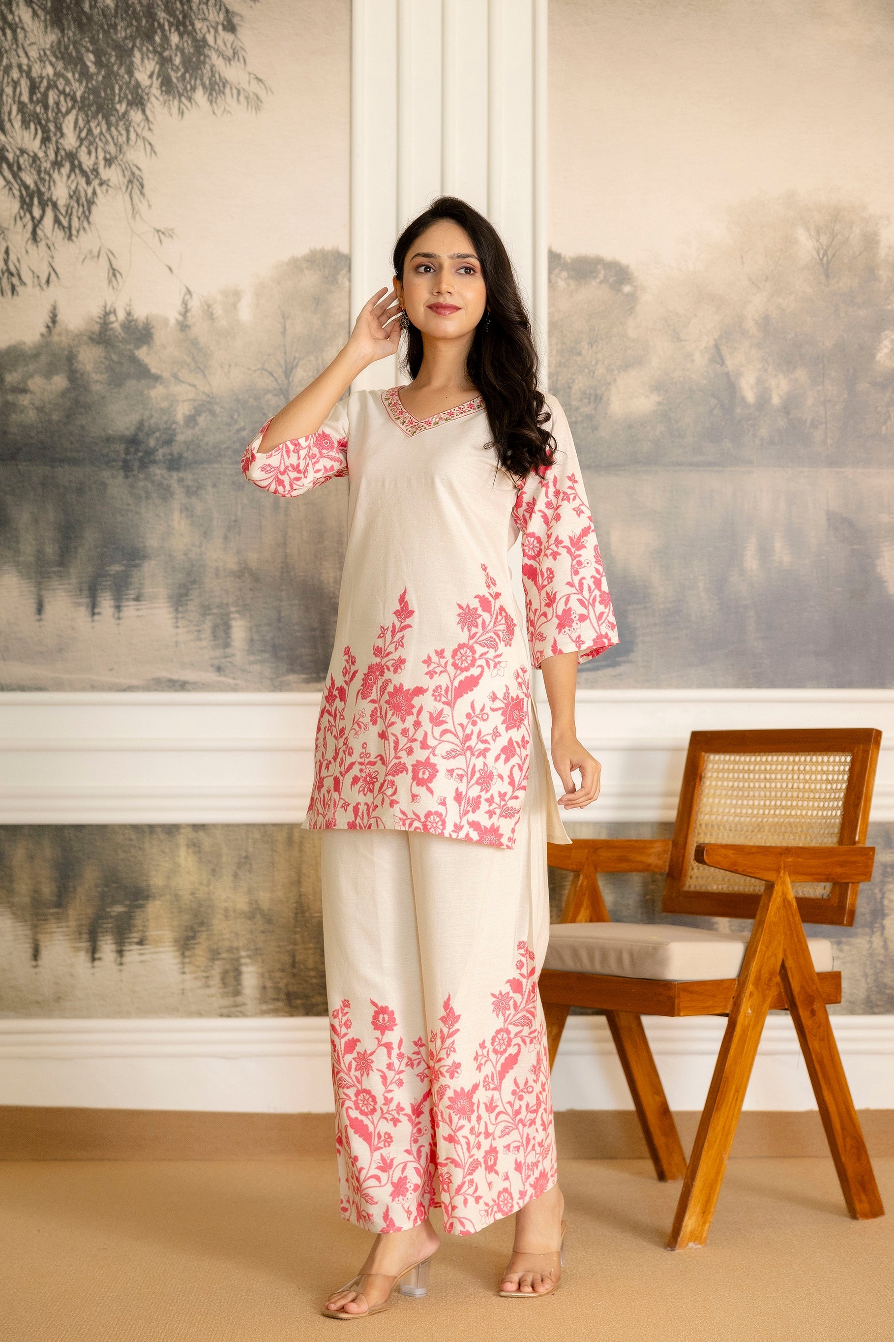 Snowpetal Off-White & Blush Floral Cotton Flex Co-ord Set from Me&My