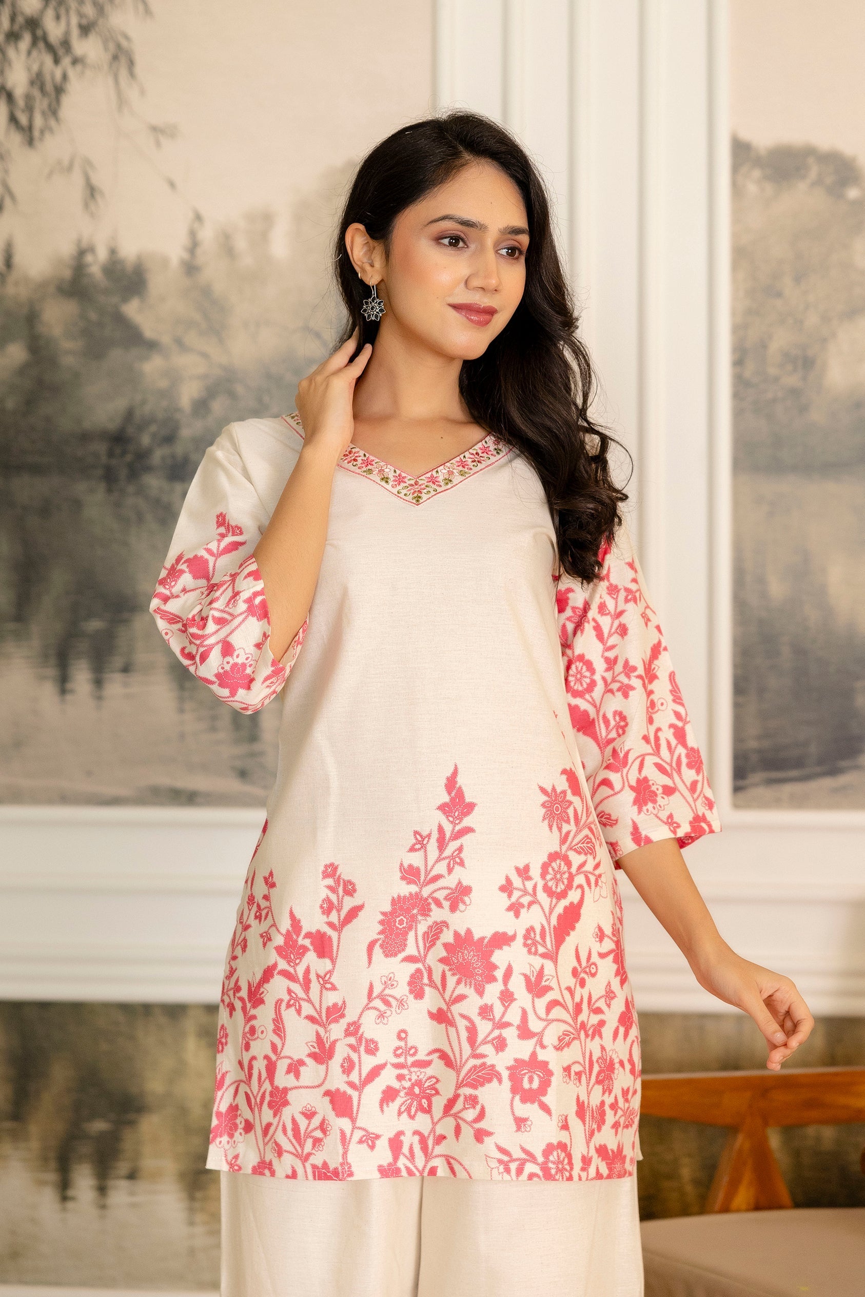 Snowpetal Off-White & Blush Floral Cotton Flex Co-ord Set from Me&My