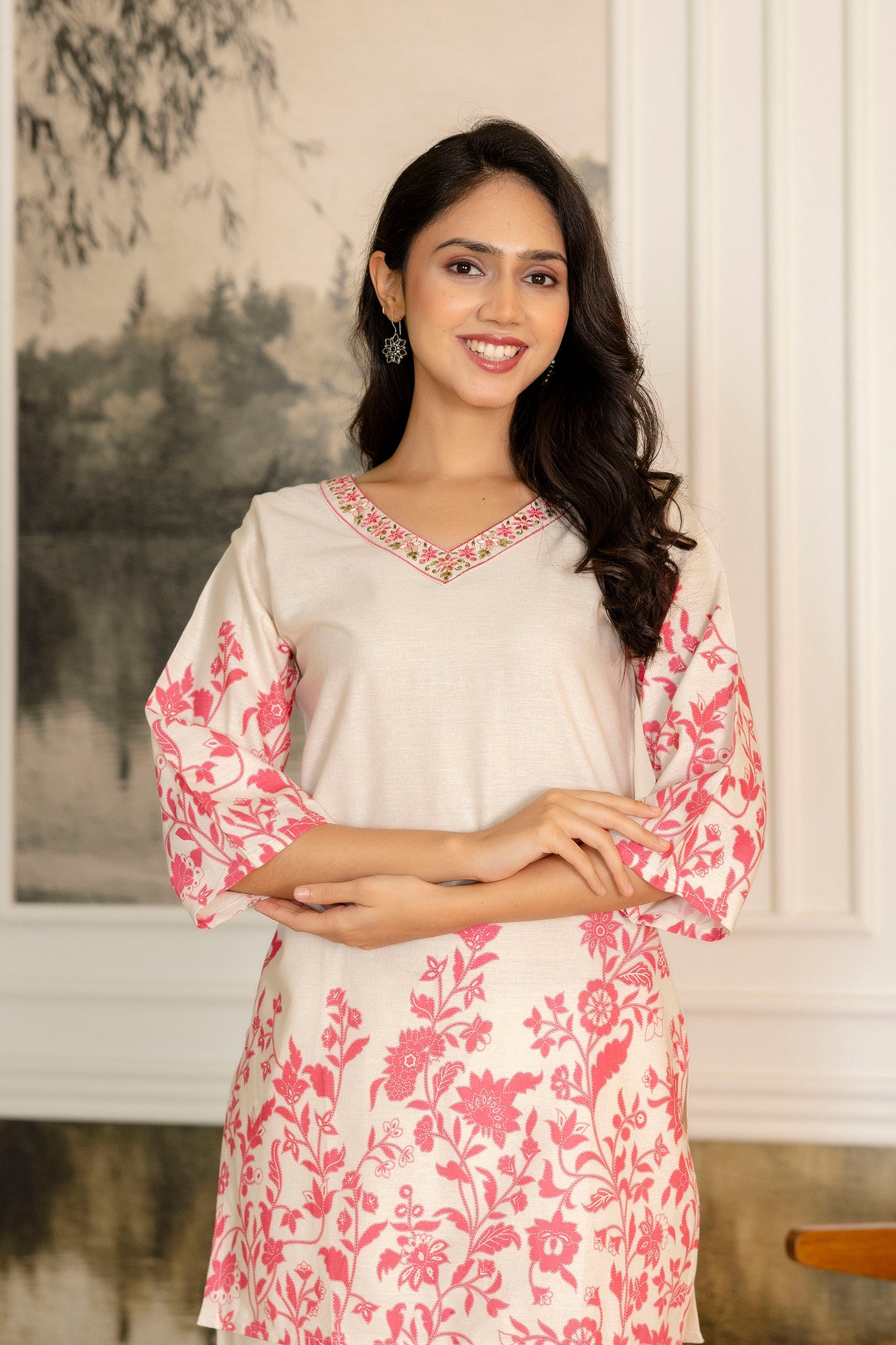Snowpetal Off-White & Blush Floral Cotton Flex Co-ord Set from Me&My