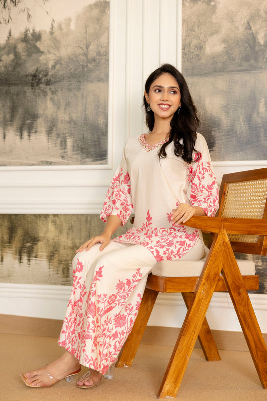Snowpetal Off-White & Blush Floral Cotton Flex Co-ord Set - Me&My