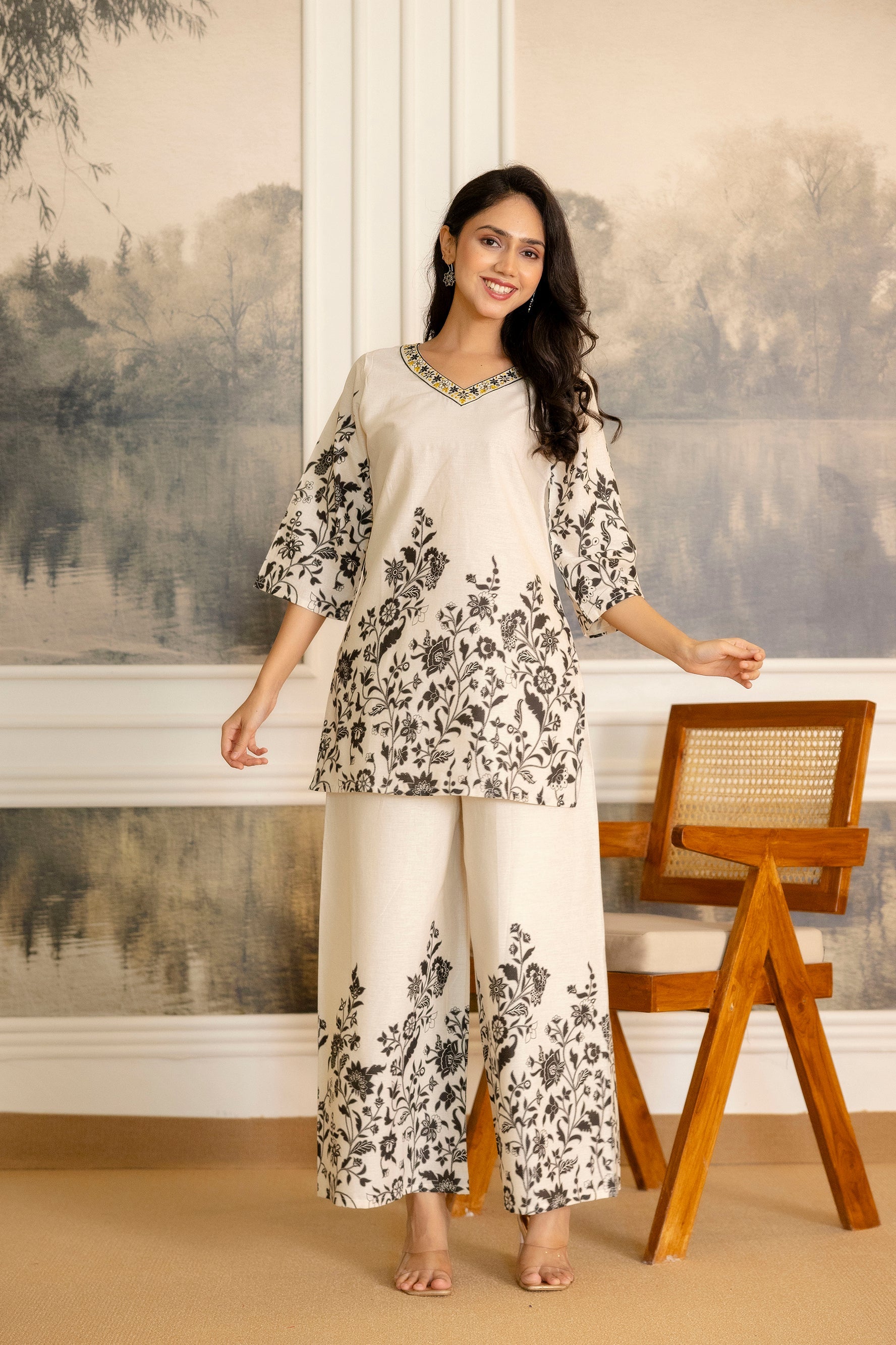 Pearlvine Off-White & Olive Botanical Cotton Flex Co-ord Set from Me&My