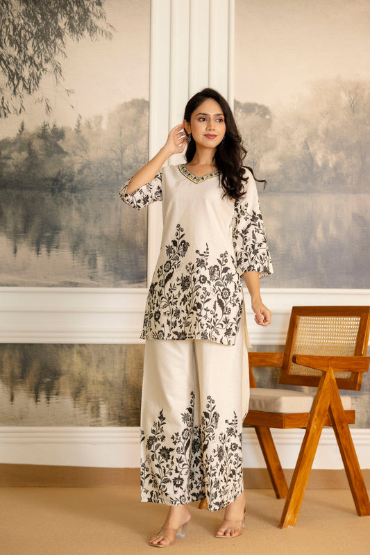 Pearlvine Off-White & Olive Botanical Cotton Flex Co-ord Set - Me&My