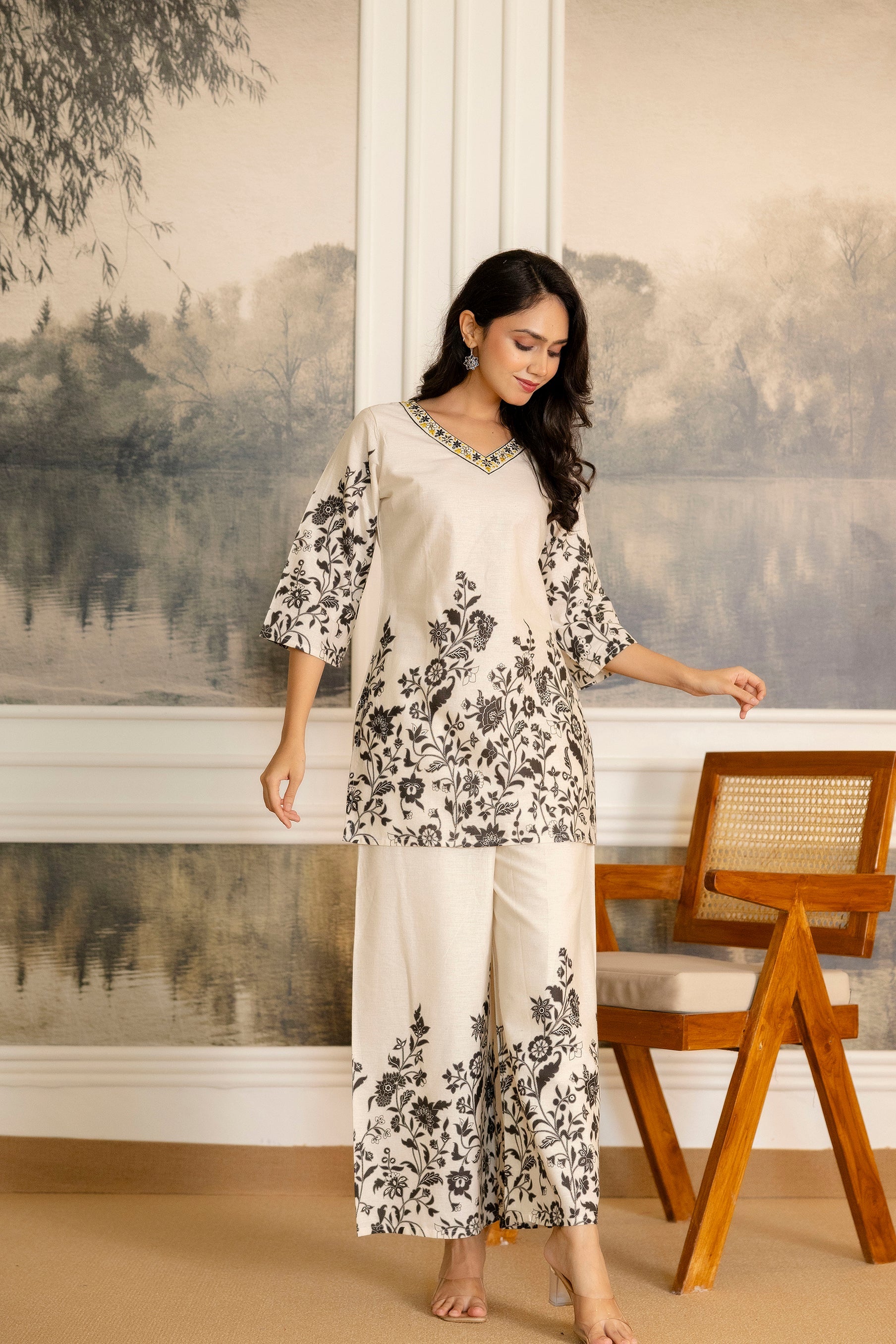 Pearlvine Off-White & Olive Botanical Cotton Flex Co-ord Set from Me&My