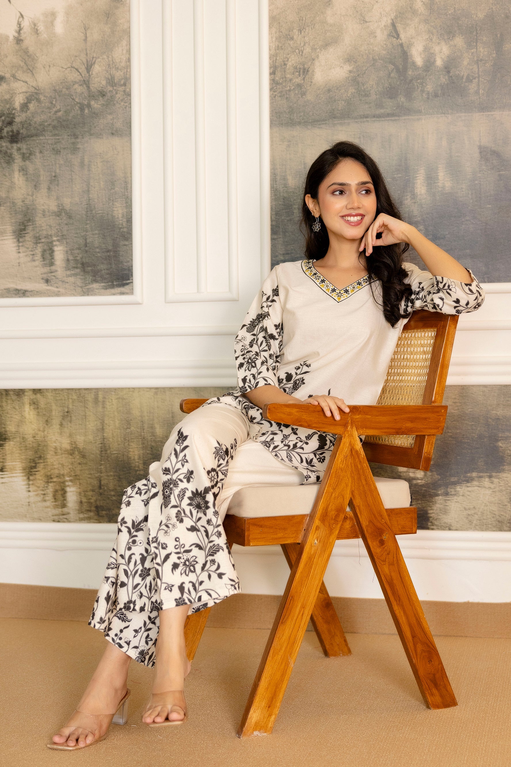 Pearlvine Off-White & Olive Botanical Cotton Flex Co-ord Set from Me&My