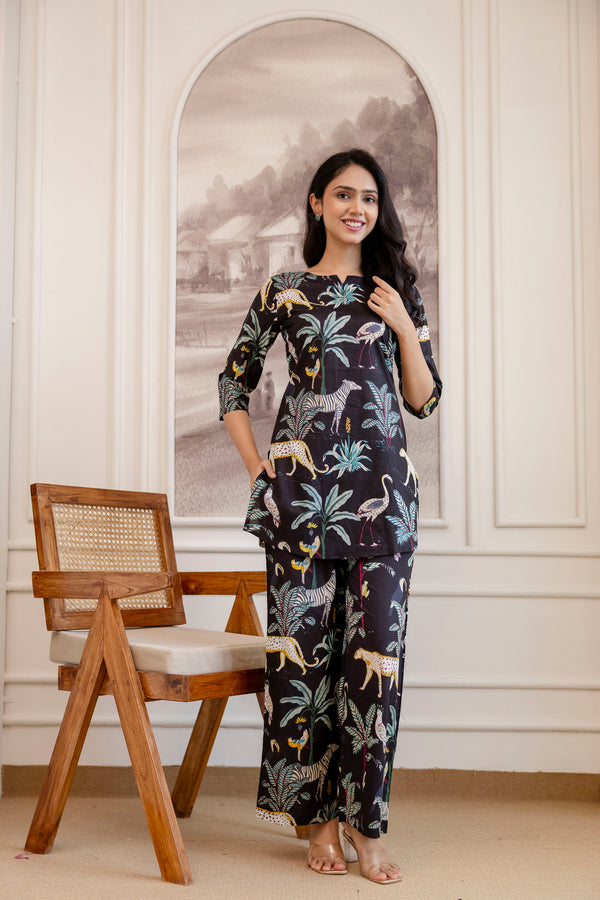 Black Cotton Botanical Co-ord Set