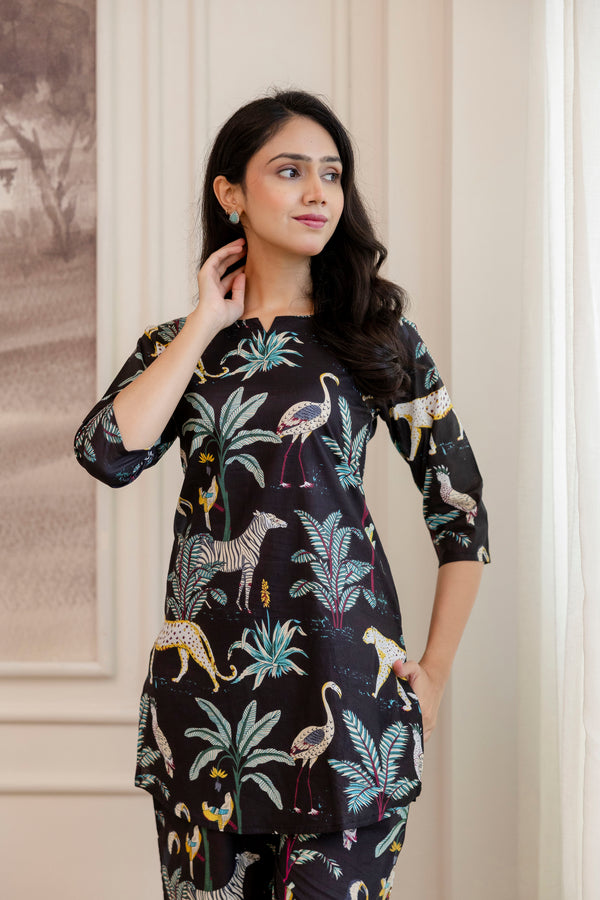 Black Cotton Botanical Co-ord Set
