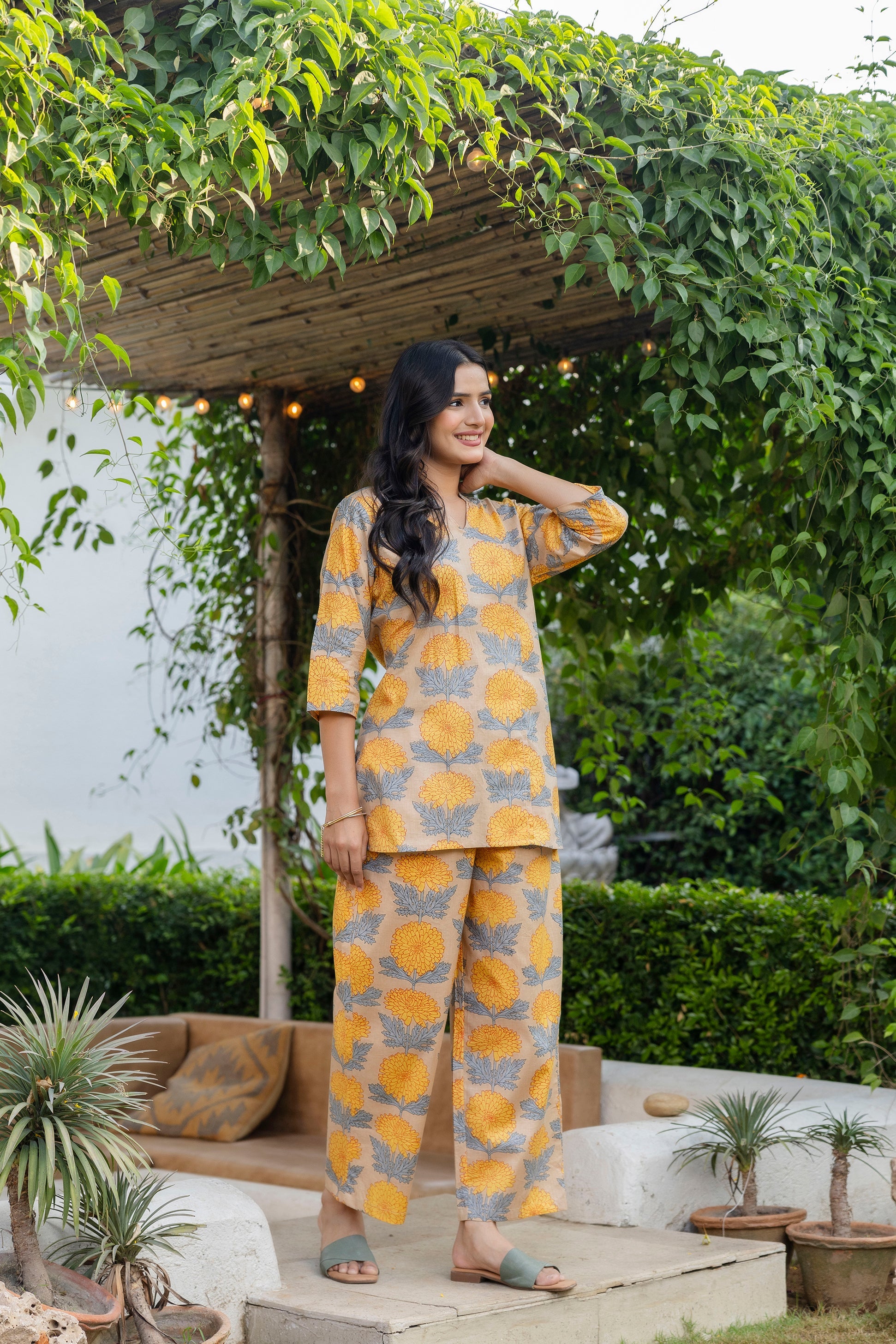 Chrysanthemum Bloom Angrakha Cotton Co-ord Set - Me&My