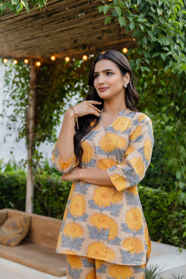 Chrysanthemum Bloom Angrakha Cotton Co-ord Set