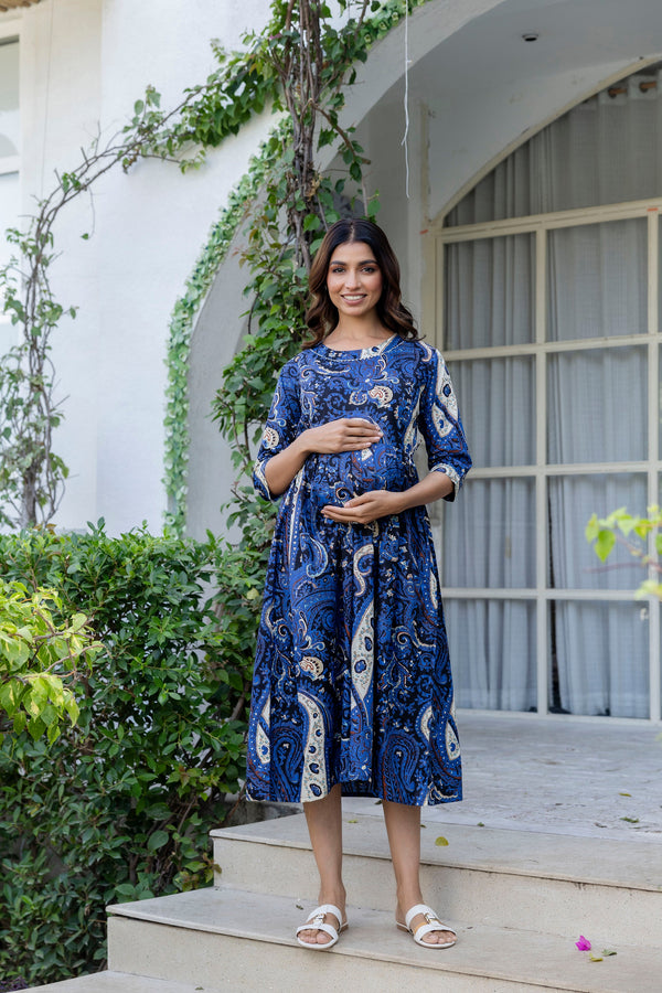Royal Paisley Flared Maternity Gown