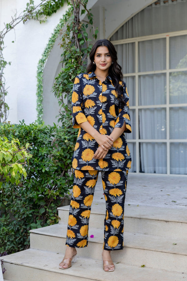 Midnight Sunflower Shirt Style Cotton Co-ord Set