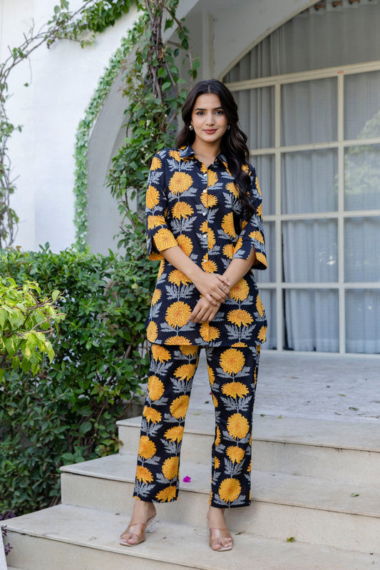 Midnight Sunflower Shirt Style Cotton Co-ord Set - Me&My
