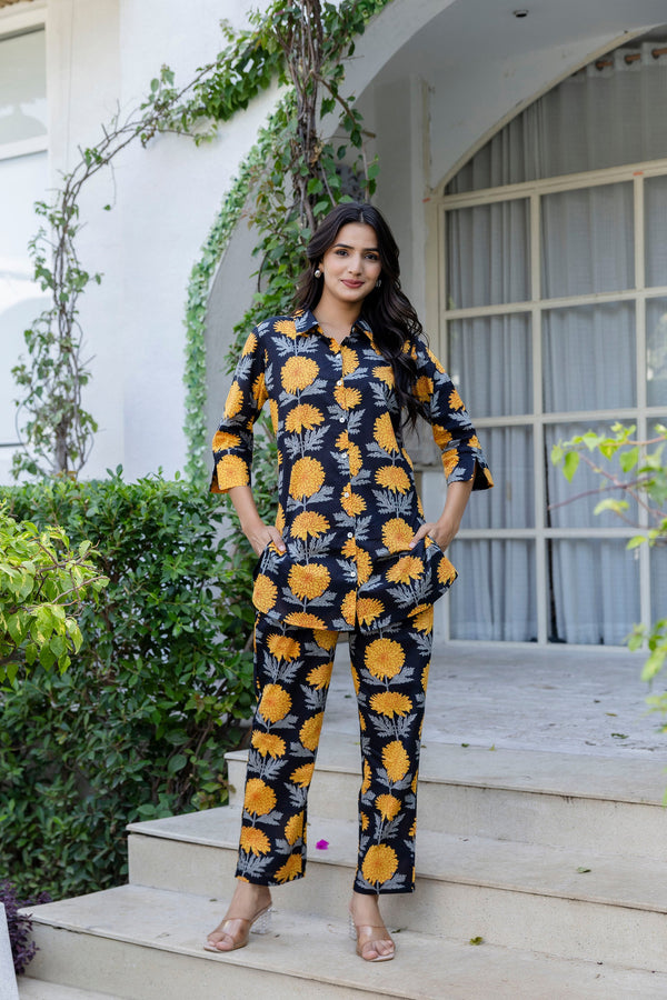 Midnight Sunflower Shirt Style Cotton Co-ord Set