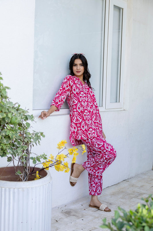 Fuchsia Ikat Angrakha Cotton Co-ord Set - Me&My