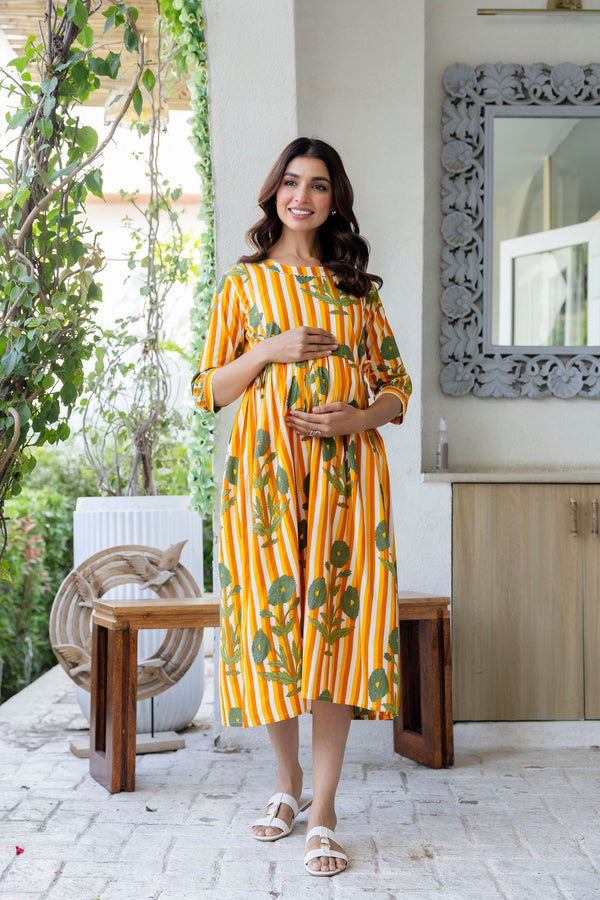 Golden Stripe Garden Flared Maternity Gown