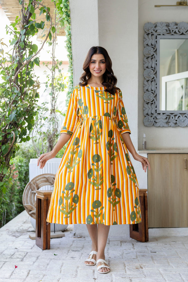 Golden Stripe Garden Flared Maternity Gown
