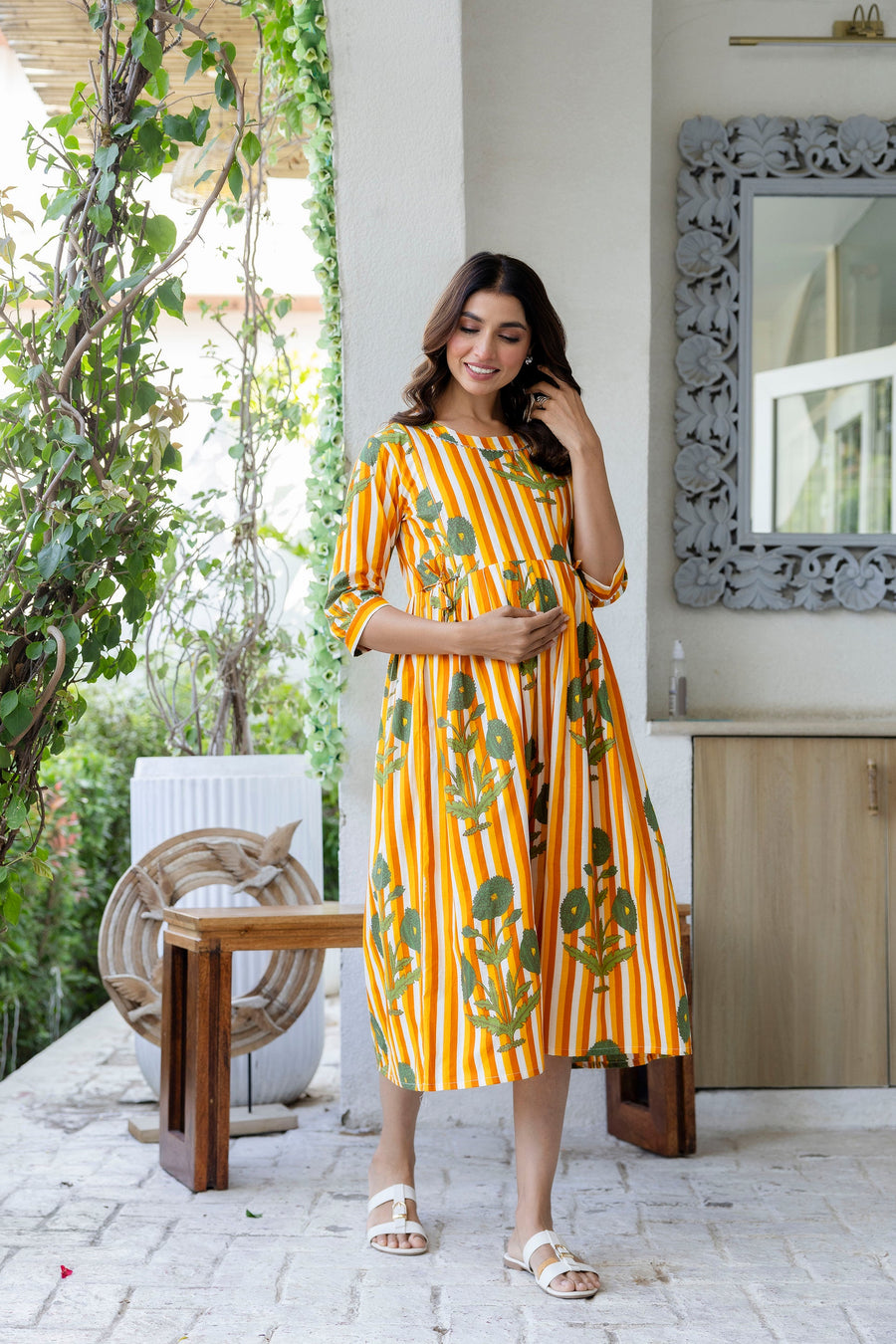 Golden Stripe Garden Flared Maternity Gown — image 7