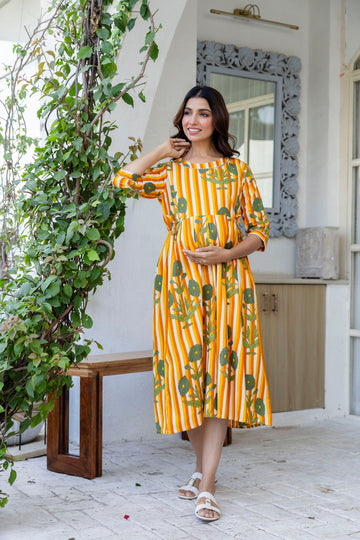 Golden Stripe Garden Flared Maternity Gown