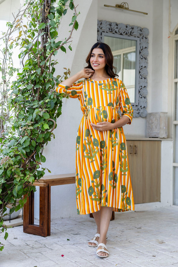 Golden Stripe Garden Flared Maternity Gown