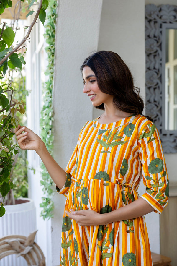 Golden Stripe Garden Flared Maternity Gown