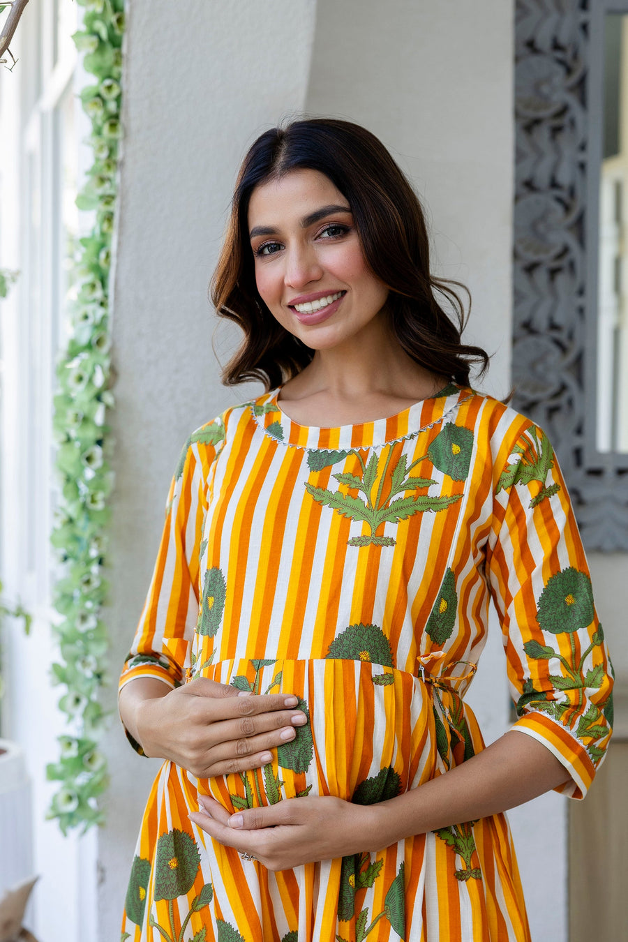 Golden Stripe Garden Flared Maternity Gown — image 5