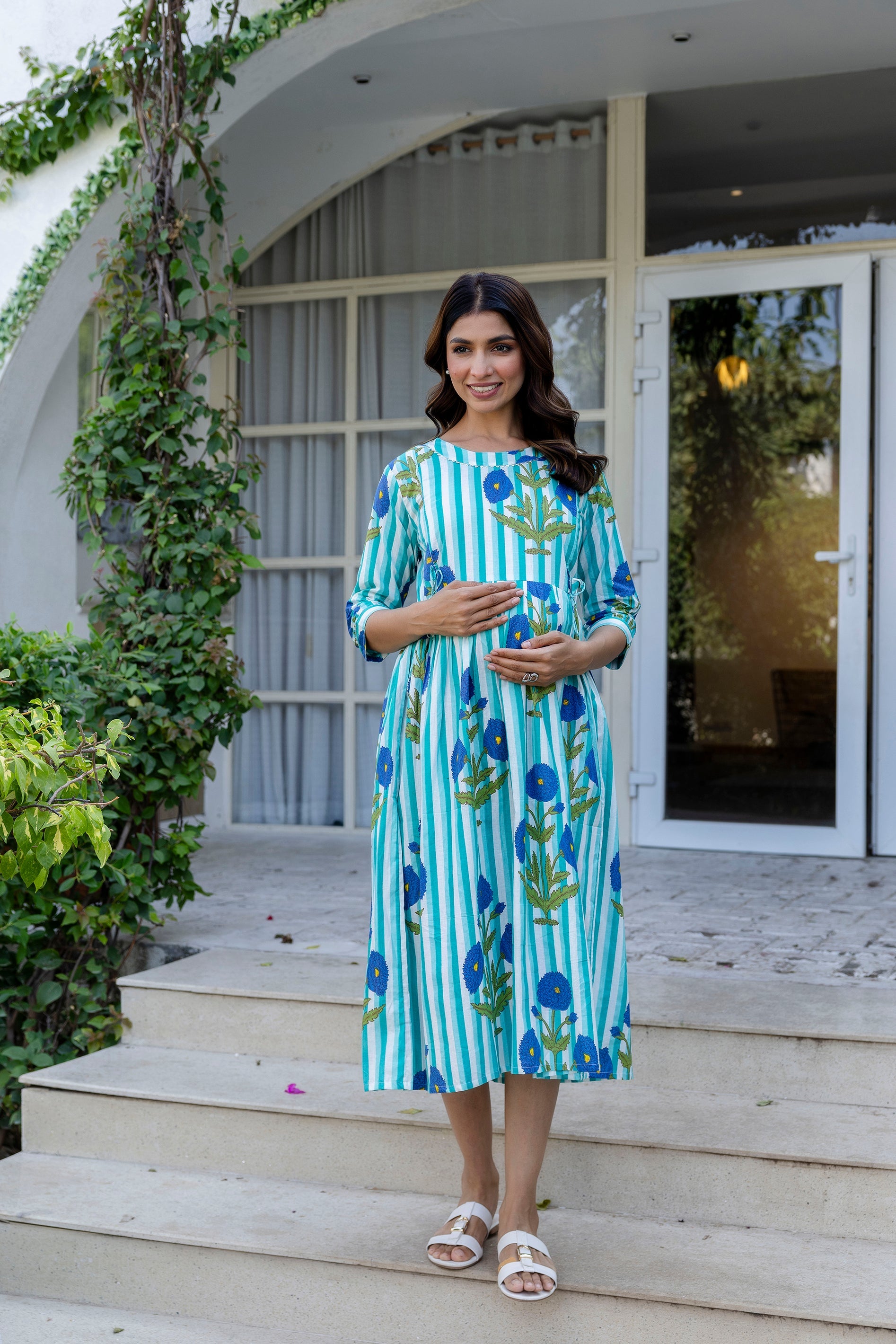 Aqua Stripe Floral Flared Maternity Gown - Me&My